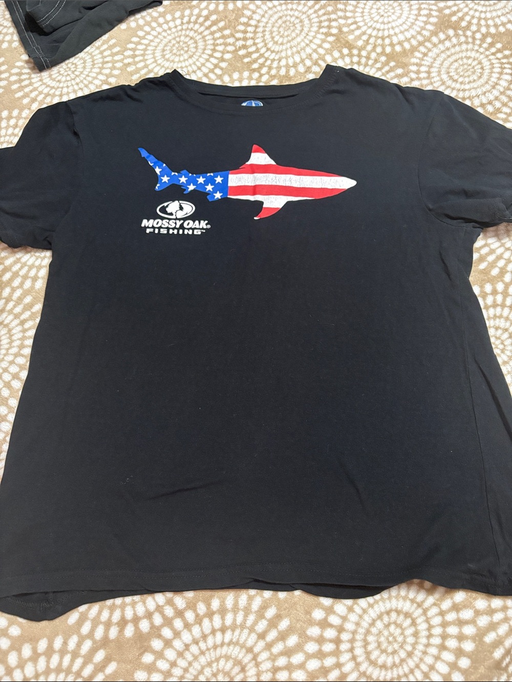 Mossy Oak Black Tee with American Flag Shark Graphic